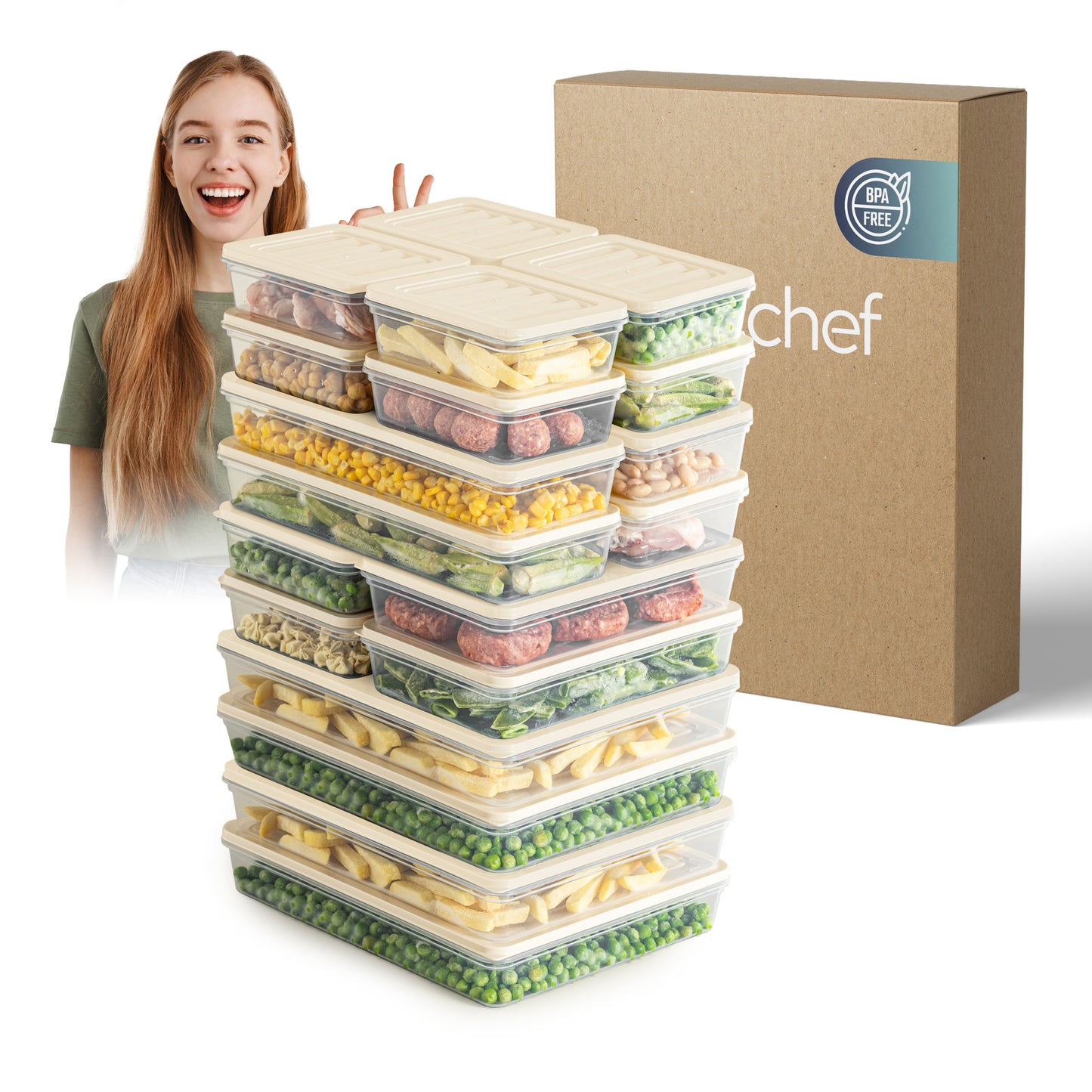 Fresh Box 20 Piece Food Storage Container Set (8×600ml, 4×1170ml, 4×1200ml, 4×2400ml) Grey or Beige Lids