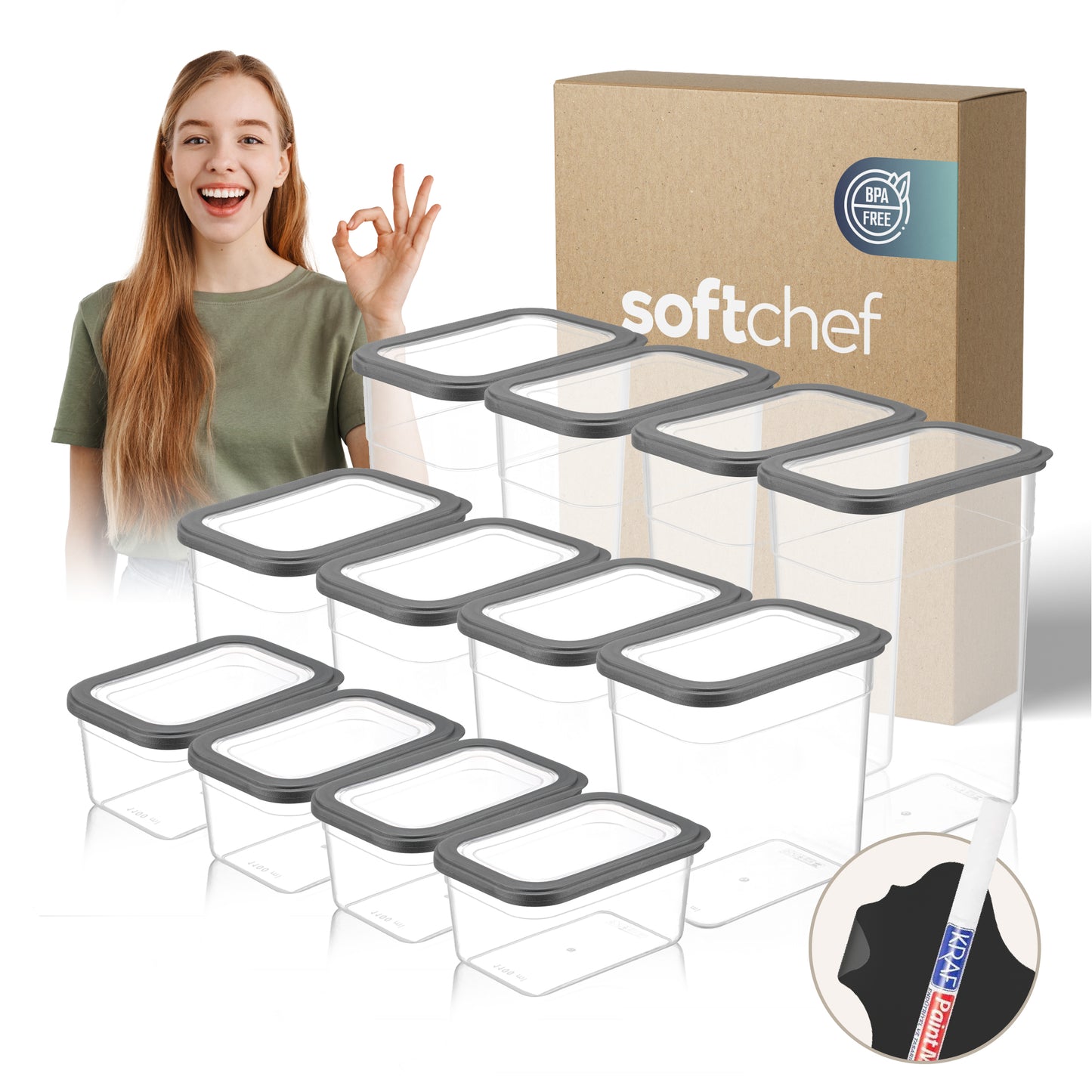 Viola 12 Piece Rectangular Food Storage Container Set (4 x 1100 ml + 4 x 2200 ml + 4 x 3400 ml)