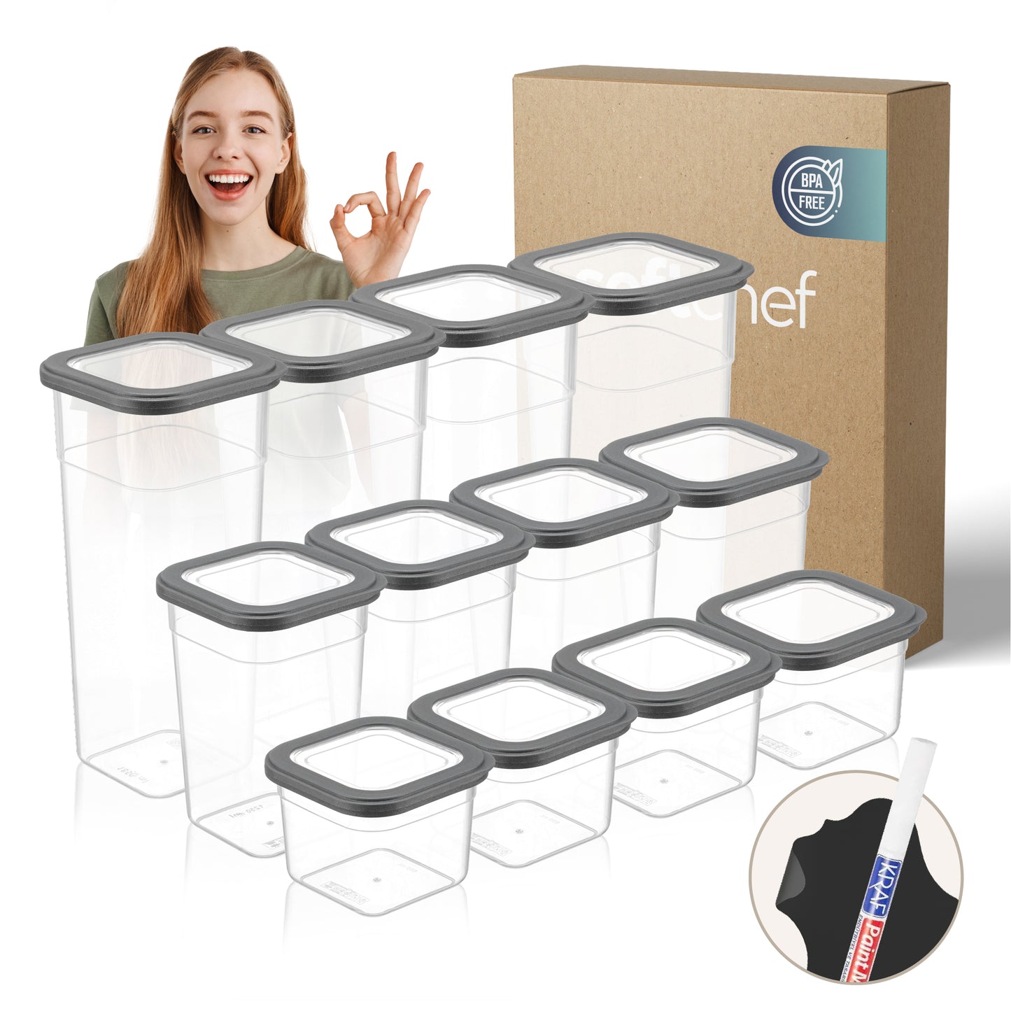 Viola 12 Piece Square Food Storage Container Set (4 x 680 ml + 4 x 1250 ml + 4 x 1850 ml)