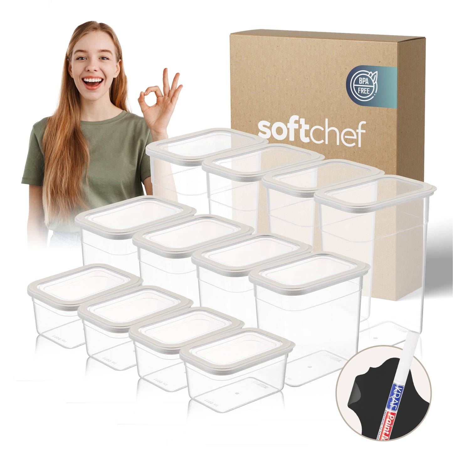 Viola 12 Piece Rectangular Food Storage Container Set (4 x 1100 ml + 4 x 2200 ml + 4 x 3400 ml)