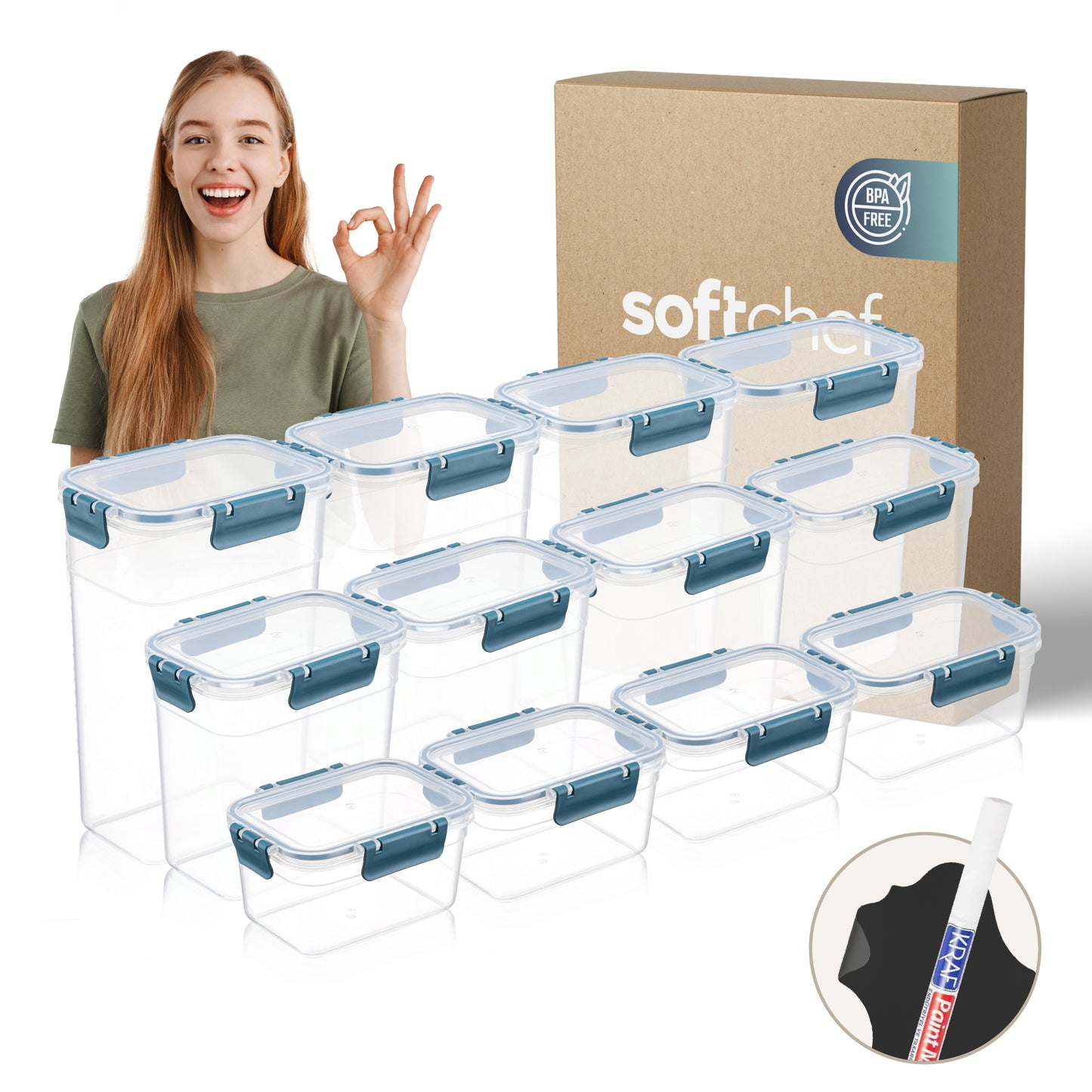 Clara Deep Box 12 Piece Food Storage Container Set (4 × 1100 ml, 4 × 2200 ml, 4 × 3400 ml)