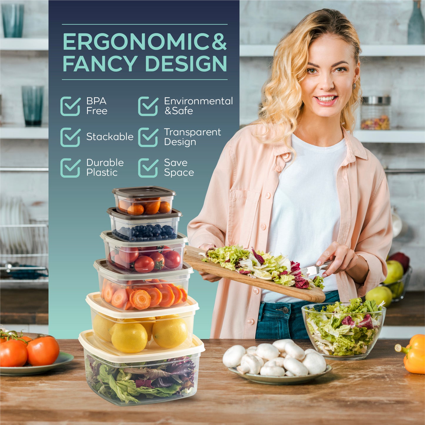 EasyBox 12 Parça Kare Gıda Saklama Kabı Seti (2 x 6 Parça Set) 275 ml ila 3200 ml