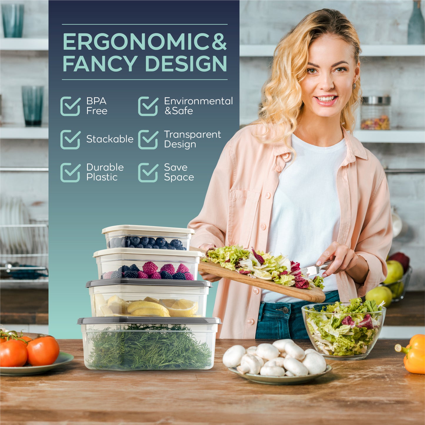 EasyBox 8-delige rechthoekige voedselcontainerset (2 x 4-delige set) 250 ml tot 1200 ml