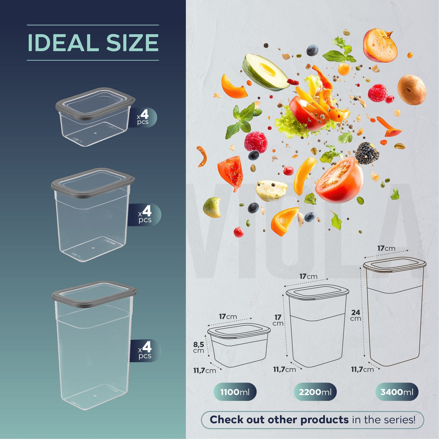 Viola 12 Piece Rectangular Food Storage Container Set (4 x 1100 ml + 4 x 2200 ml + 4 x 3400 ml)