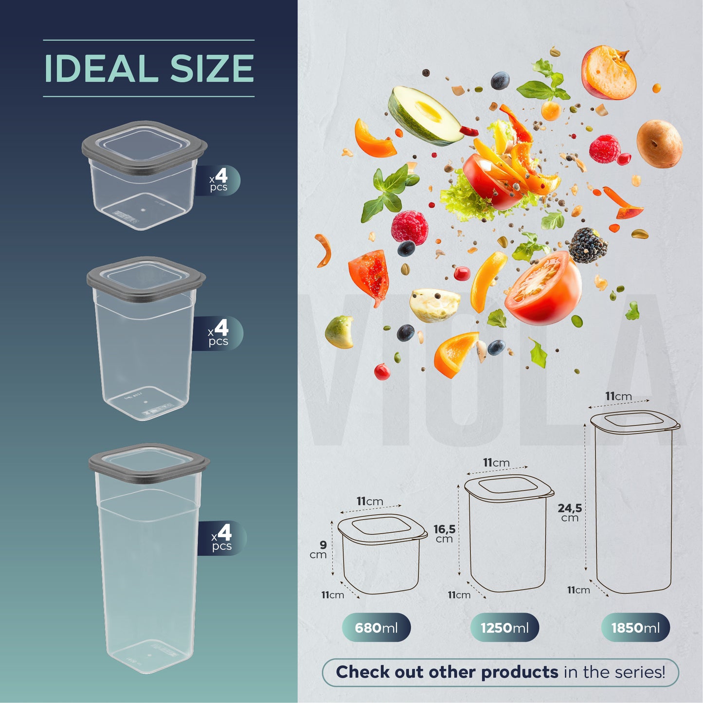 Viola 12 Piece Square Food Storage Container Set (4 x 680 ml + 4 x 1250 ml + 4 x 1850 ml)