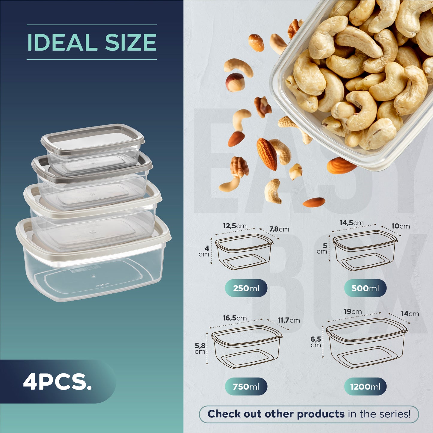 EasyBox 8-delige rechthoekige voedselcontainerset (2 x 4-delige set) 250 ml tot 1200 ml