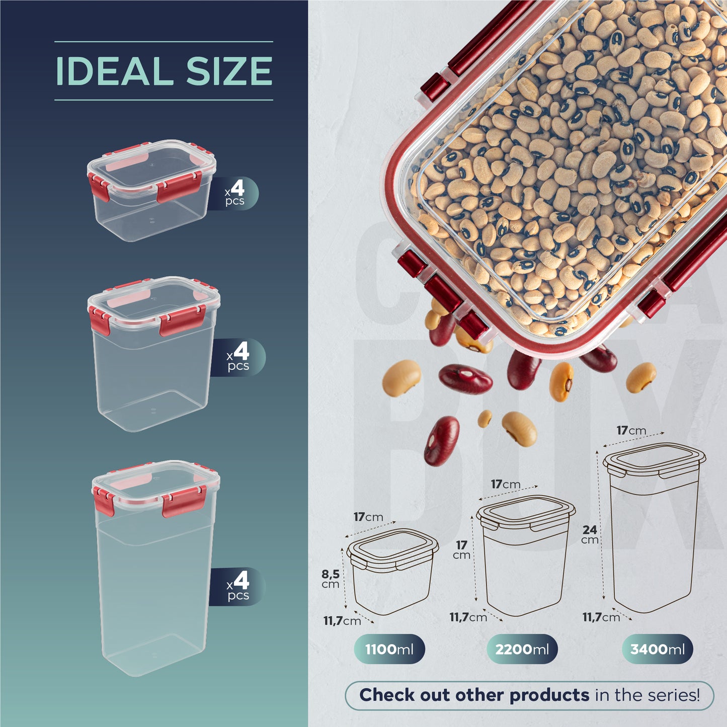 Clara Deep Box 12 Piece Food Storage Container Set (4 × 1100 ml, 4 × 2200 ml, 4 × 3400 ml)