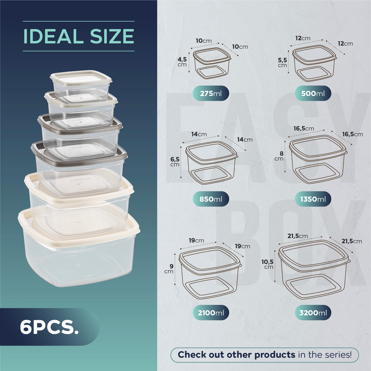 EasyBox 12 Parça Kare Gıda Saklama Kabı Seti (2 x 6 Parça Set) 275 ml ila 3200 ml