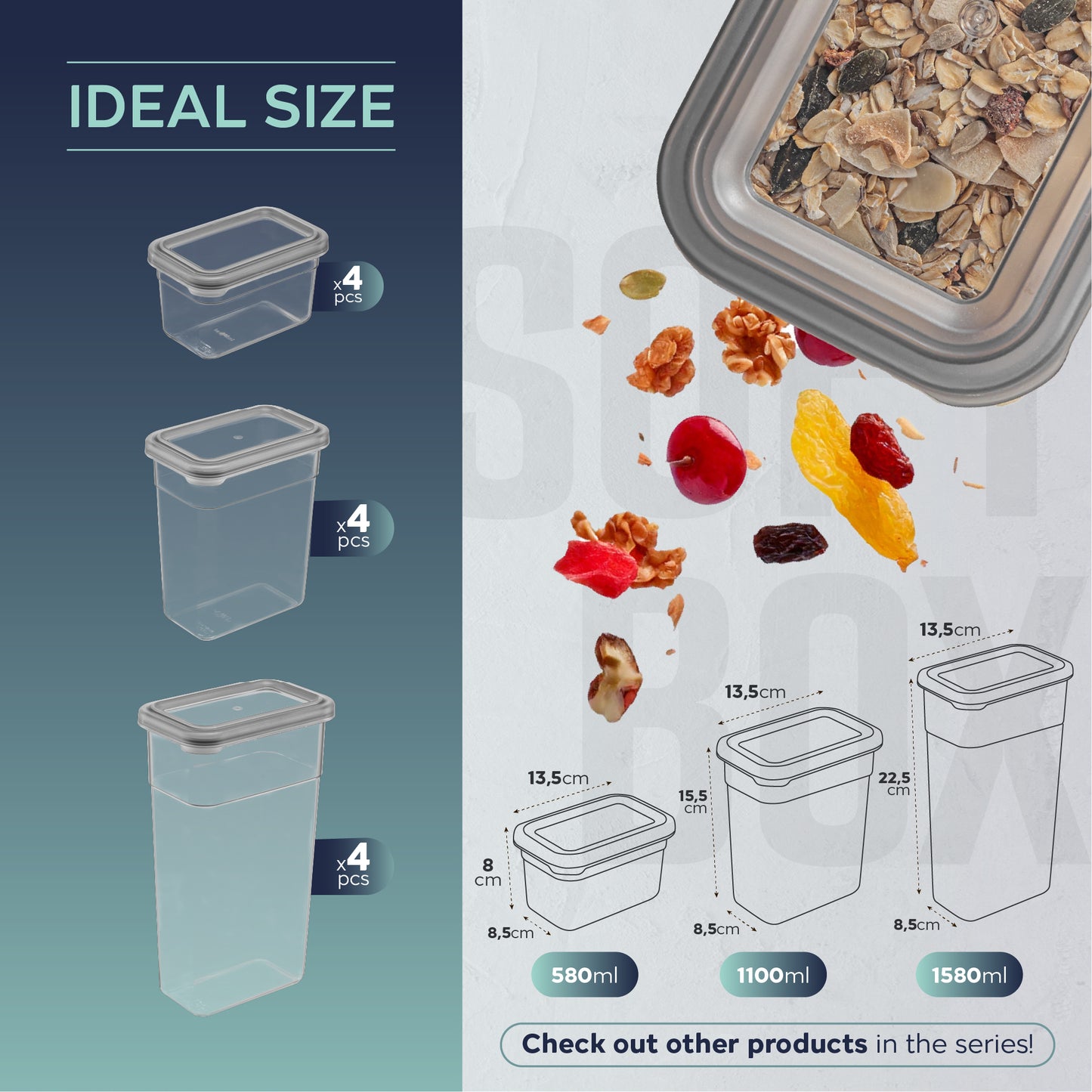 Rectangular Slim Soft Box 12 Piece Food Storage Container Set  (4 x 580 ml + 4 x 1100 ml + 4 x 1580 ml)