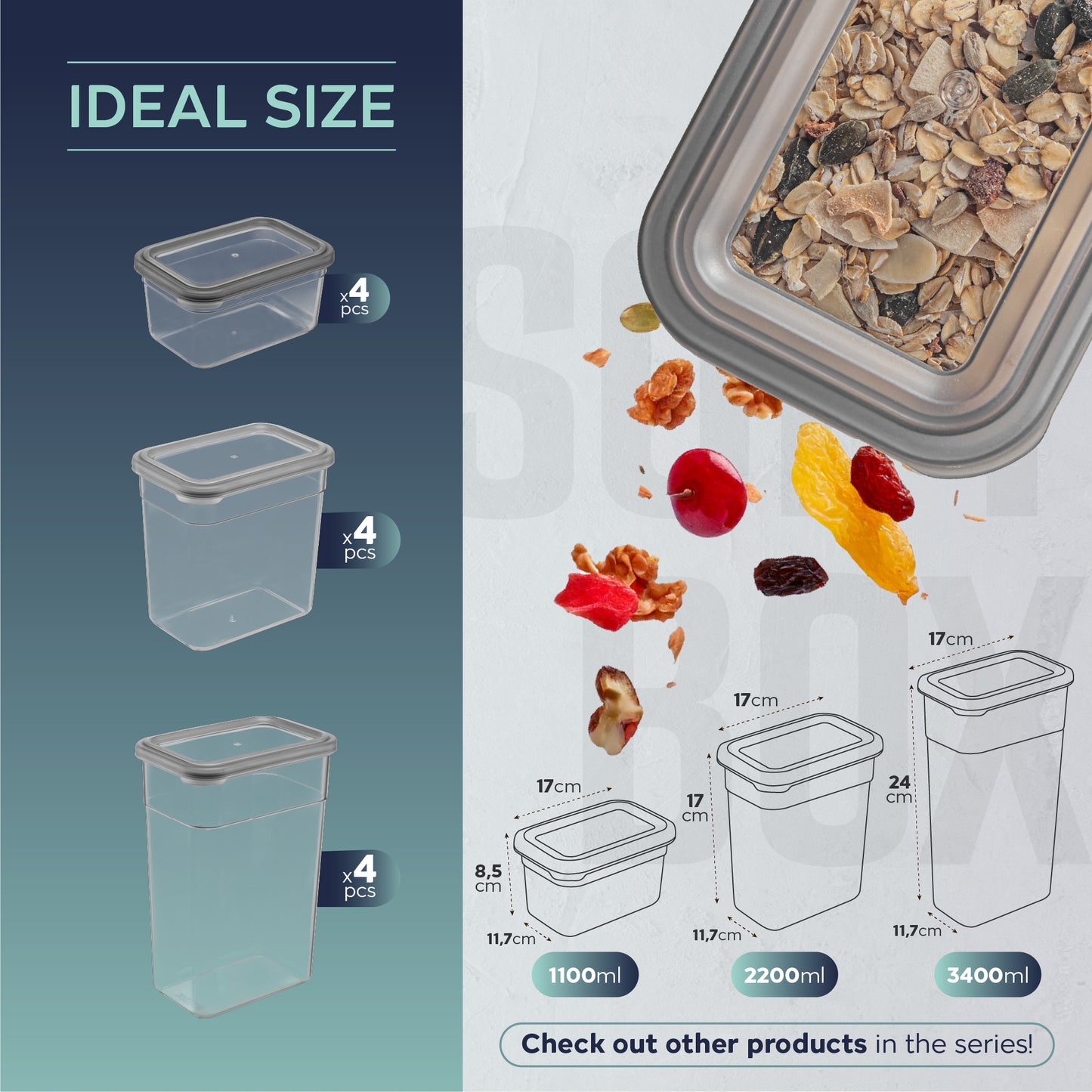 Soft Box Rectangular 12 Piece Food Storage Container Set (4 x 1100 ml + 4 x 2200 ml + 4 x 3400 ml)
