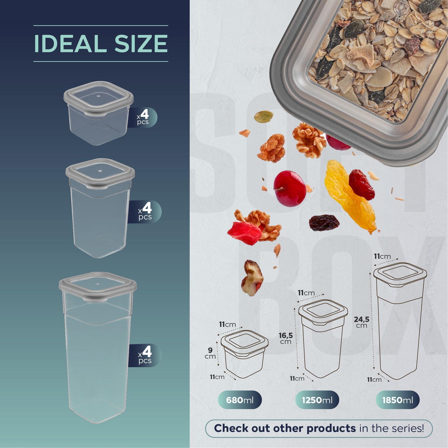 Soft Box Slim Square 12 Piece Set (4 x 680 ml + 4 x 1250 ml + 4 x 1850 ml)