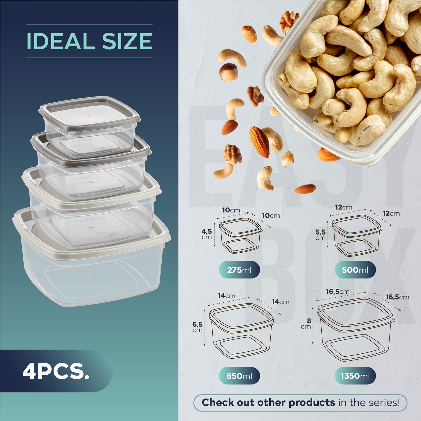 EasyBox 8 Parçalı Kare Gıda Saklama Kabı Seti (2 x 4 Parçalı Set) 275 ml ila 1350 ml