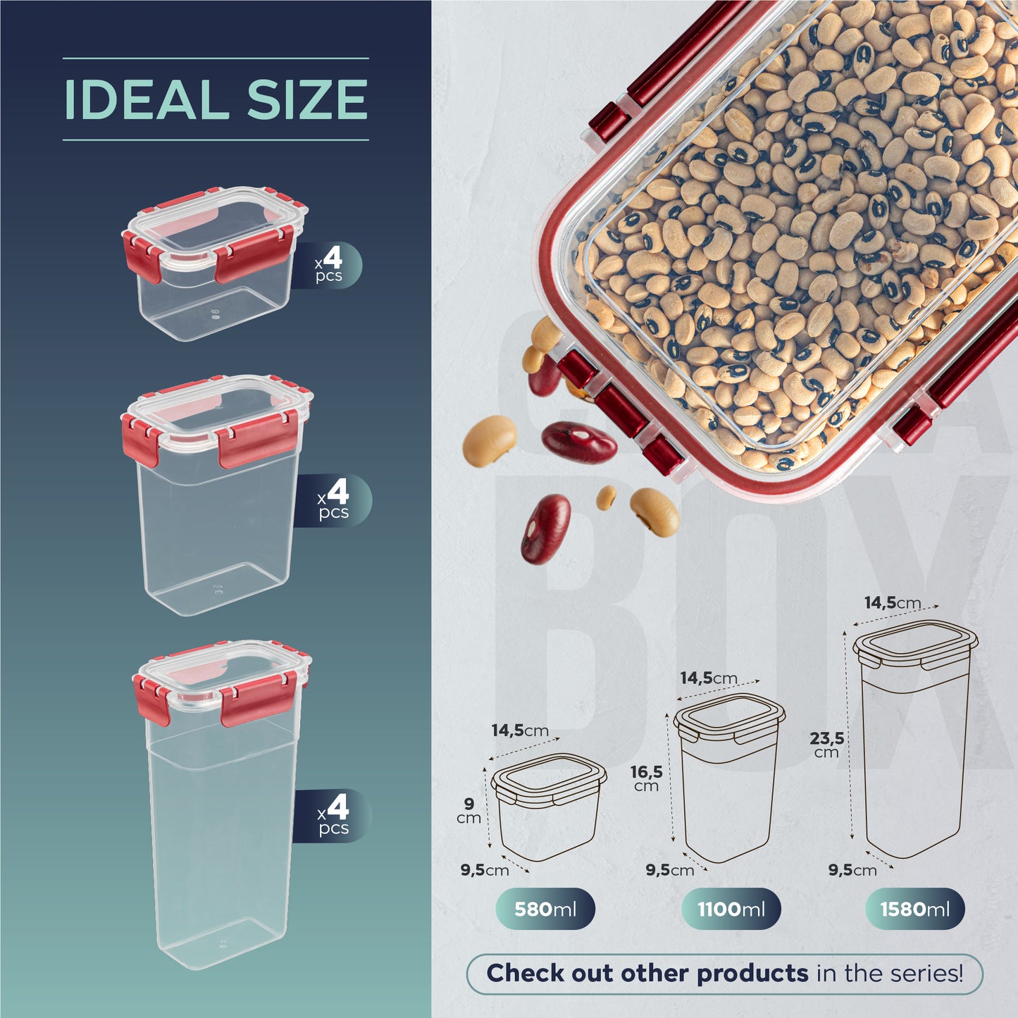 Slim Clara Box Deep 12 Piece Food Storage Container Set (4 × 580 ml, 4 × 1100 ml, 4 × 1580 ml)