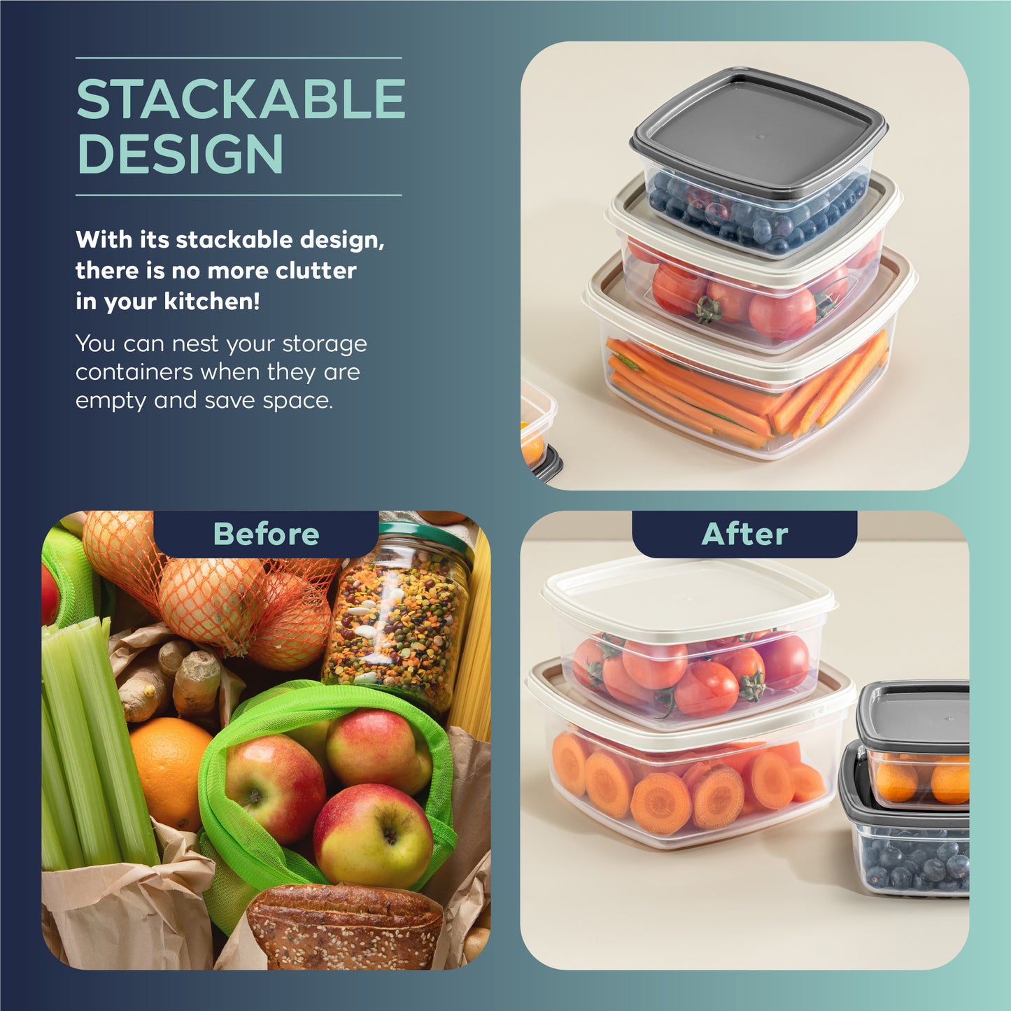 EasyBox 8 Parçalı Kare Gıda Saklama Kabı Seti (2 x 4 Parçalı Set) 275 ml ila 1350 ml