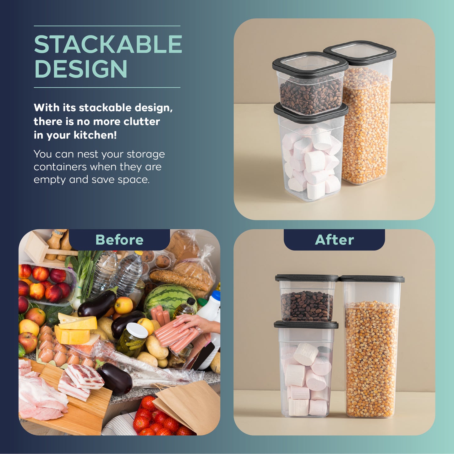 Viola 12 Piece Square Food Storage Container Set (4 x 680 ml + 4 x 1250 ml + 4 x 1850 ml)