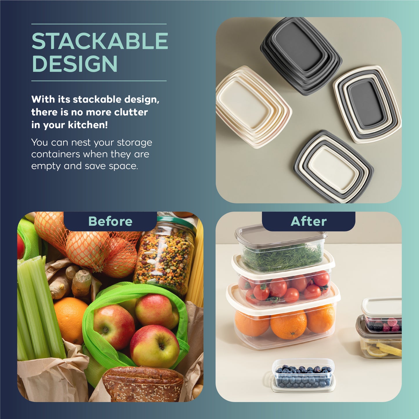 EasyBox 8-delige rechthoekige voedselcontainerset (2 x 4-delige set) 250 ml tot 1200 ml