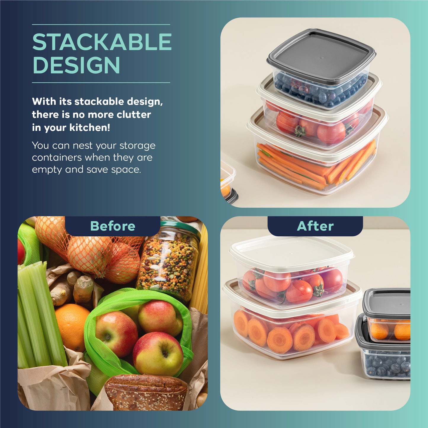 EasyBox 12 Parça Kare Gıda Saklama Kabı Seti (2 x 6 Parça Set) 275 ml ila 3200 ml