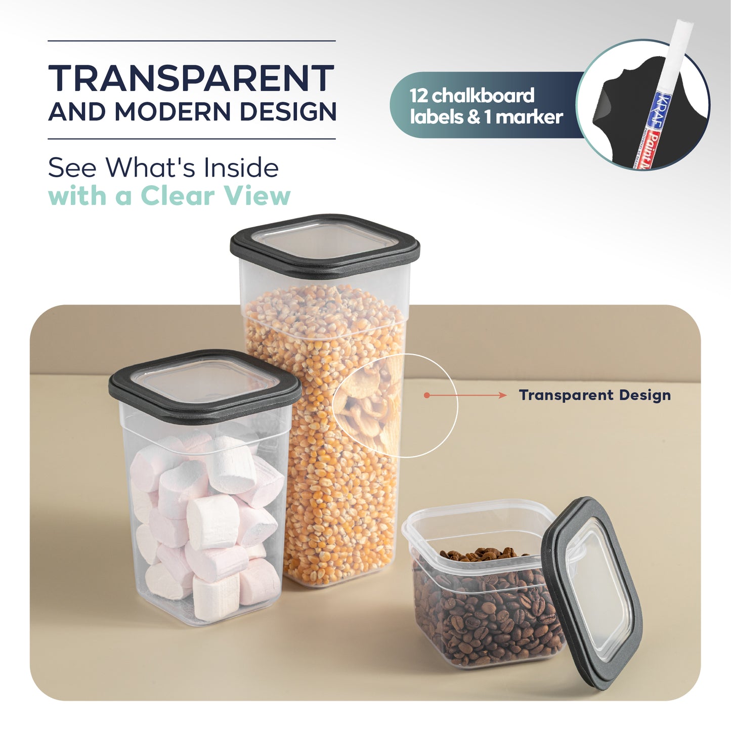 Viola 12 Piece Square Food Storage Container Set (4 x 680 ml + 4 x 1250 ml + 4 x 1850 ml)