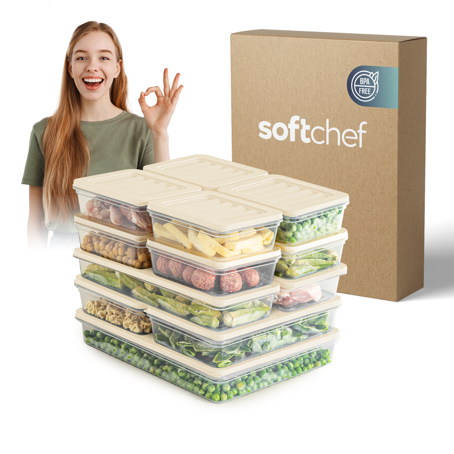 Fresh Box 13-delige voedselcontainerset (8×600ml, 2×1170ml, 2×1200ml, 1×2400ml) met grijze of beige deksels 