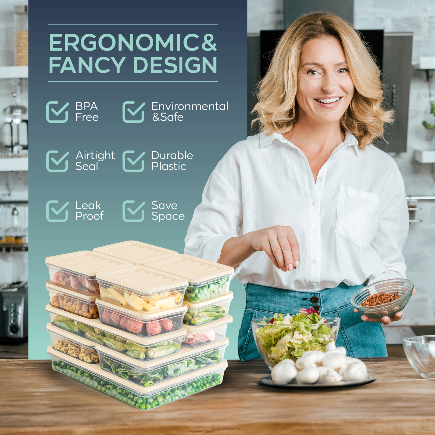 Fresh Box 13-delige voedselcontainerset (8×600ml, 2×1170ml, 2×1200ml, 1×2400ml) met grijze of beige deksels 