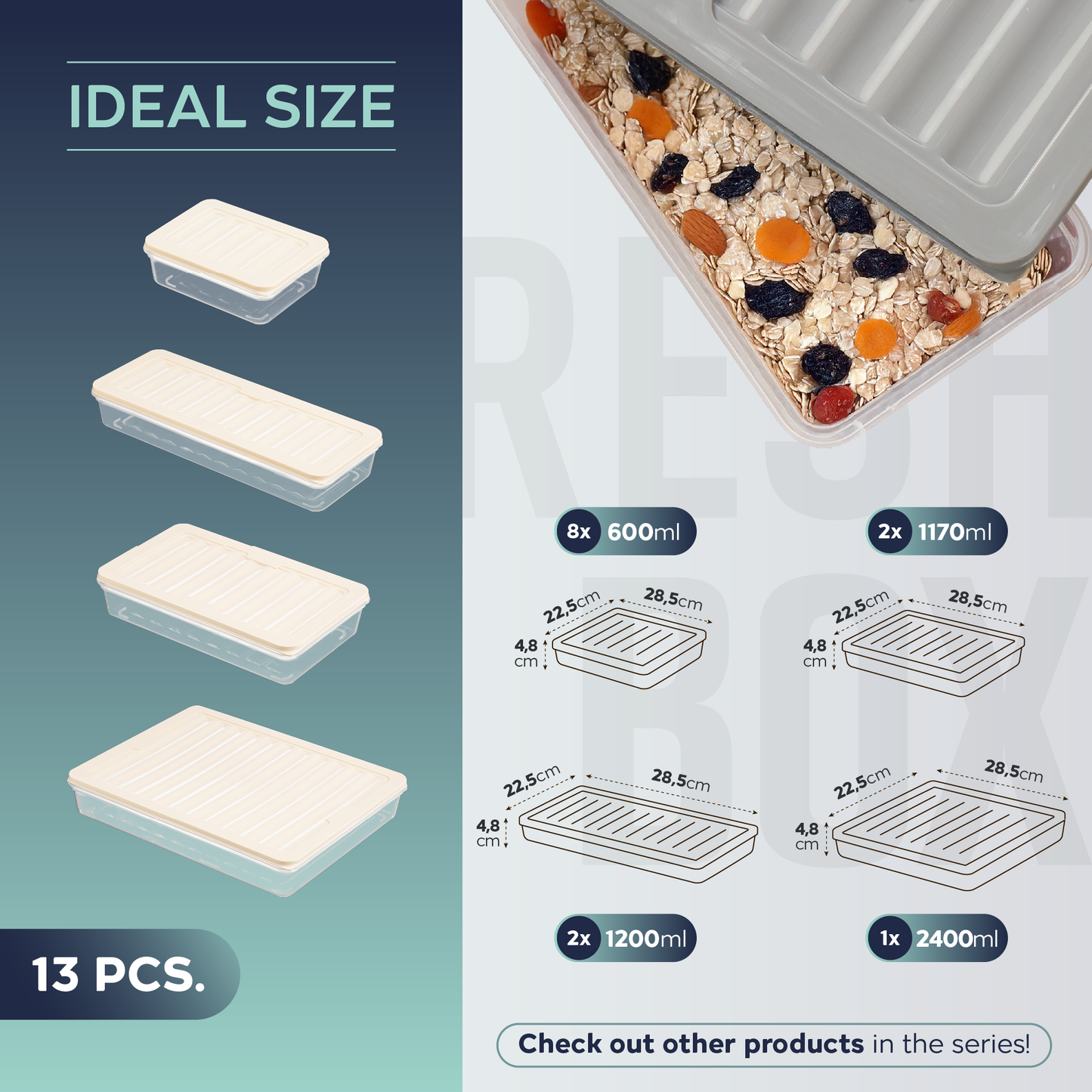 Fresh Box 13-delige voedselcontainerset (8×600ml, 2×1170ml, 2×1200ml, 1×2400ml) met grijze of beige deksels 