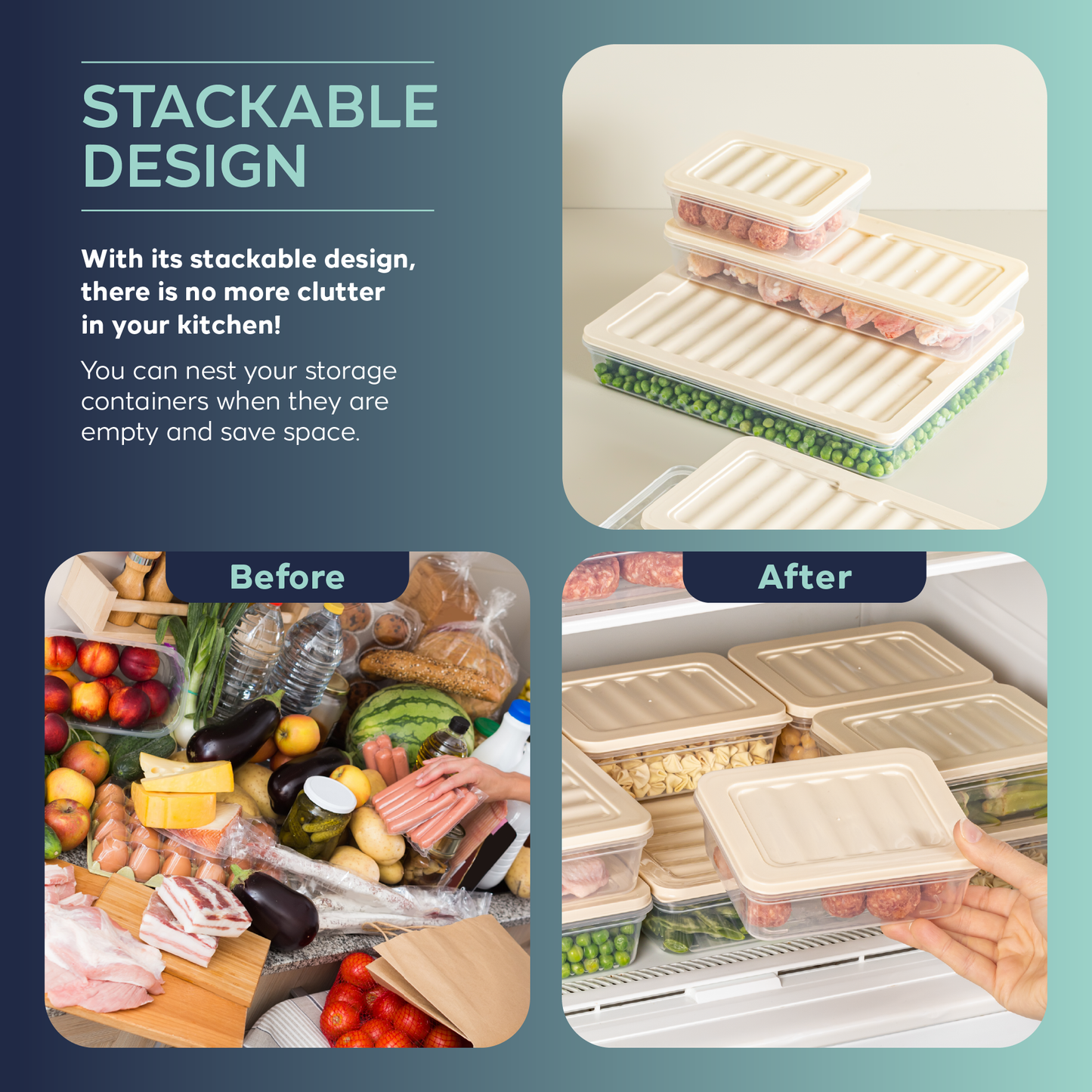 Fresh Box 9-delige voedselcontainerset (4×600ml, 2×1170ml, 2×1200ml, 1×2400ml) met grijze of beige deksels 