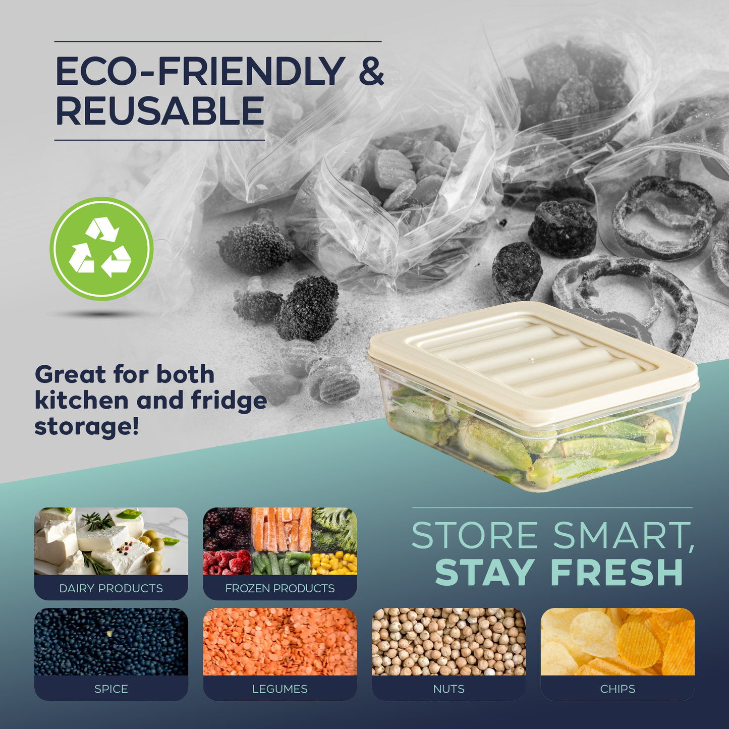 Fresh Box 9-delige voedselcontainerset (4×600ml, 2×1170ml, 2×1200ml, 1×2400ml) met grijze of beige deksels 