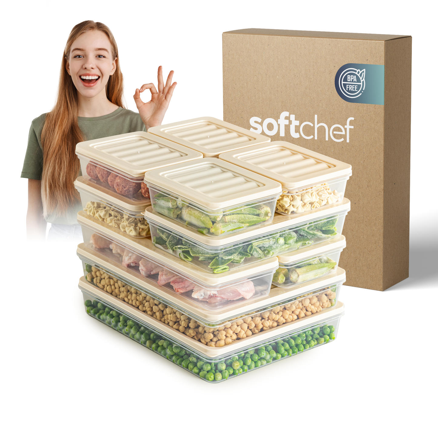 Fresh Box 10-delige voedselcontainerset (4×600ml, 2×1170ml, 2×1200ml, 2×2400ml) met grijze of beige deksels 