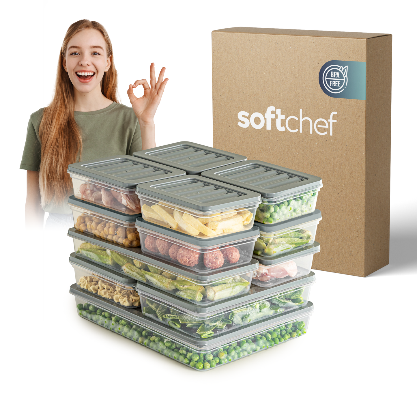 Fresh Box 13-delige voedselcontainerset (8×600ml, 2×1170ml, 2×1200ml, 1×2400ml) met grijze of beige deksels 