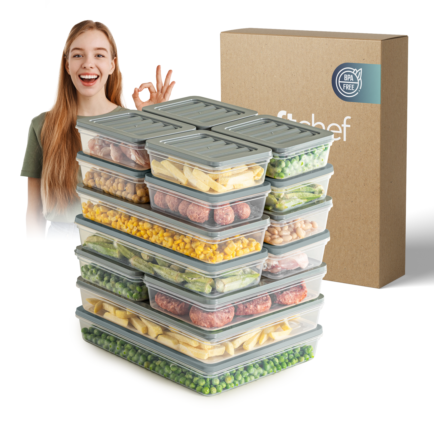 Fresh Box 16-delige voedselcontainerset (8×600ml, 4×1170ml, 2×1200ml, 2×2400ml) met grijze of beige deksels