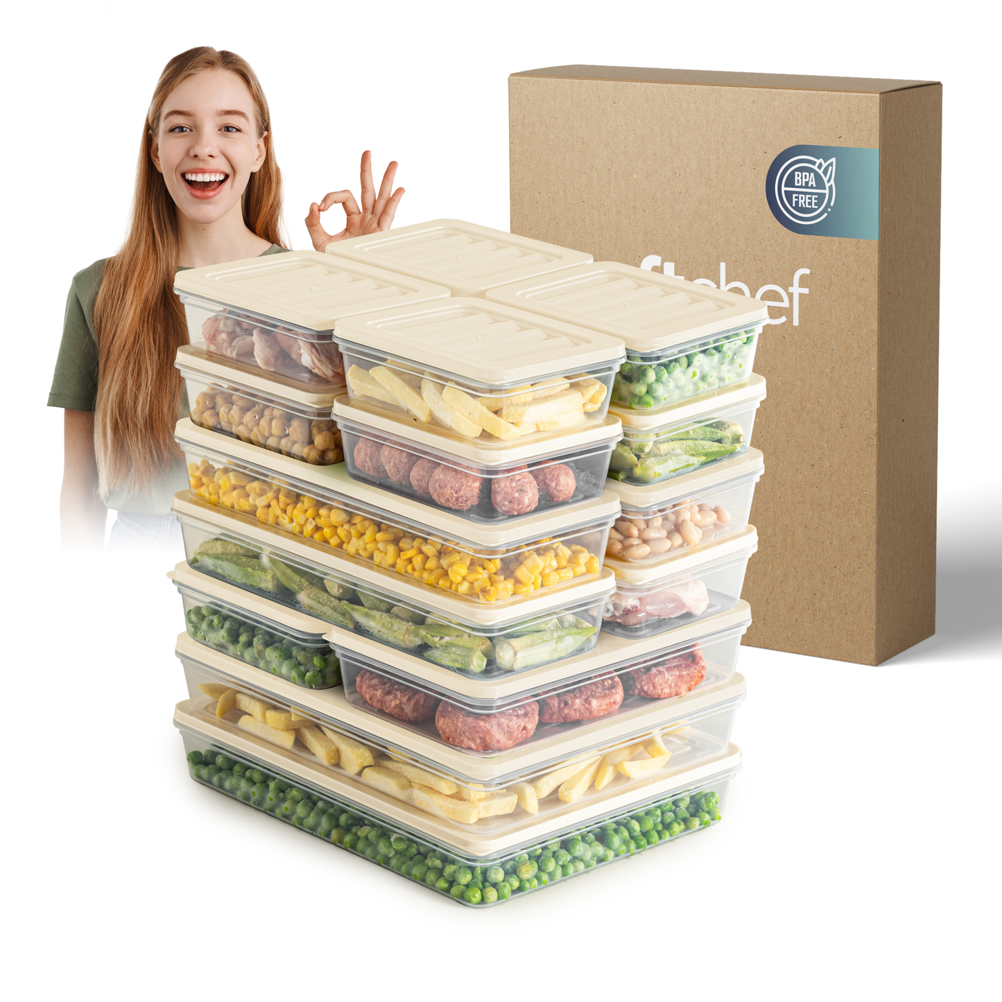 Fresh Box 16-delige voedselcontainerset (8×600ml, 4×1170ml, 2×1200ml, 2×2400ml) met grijze of beige deksels