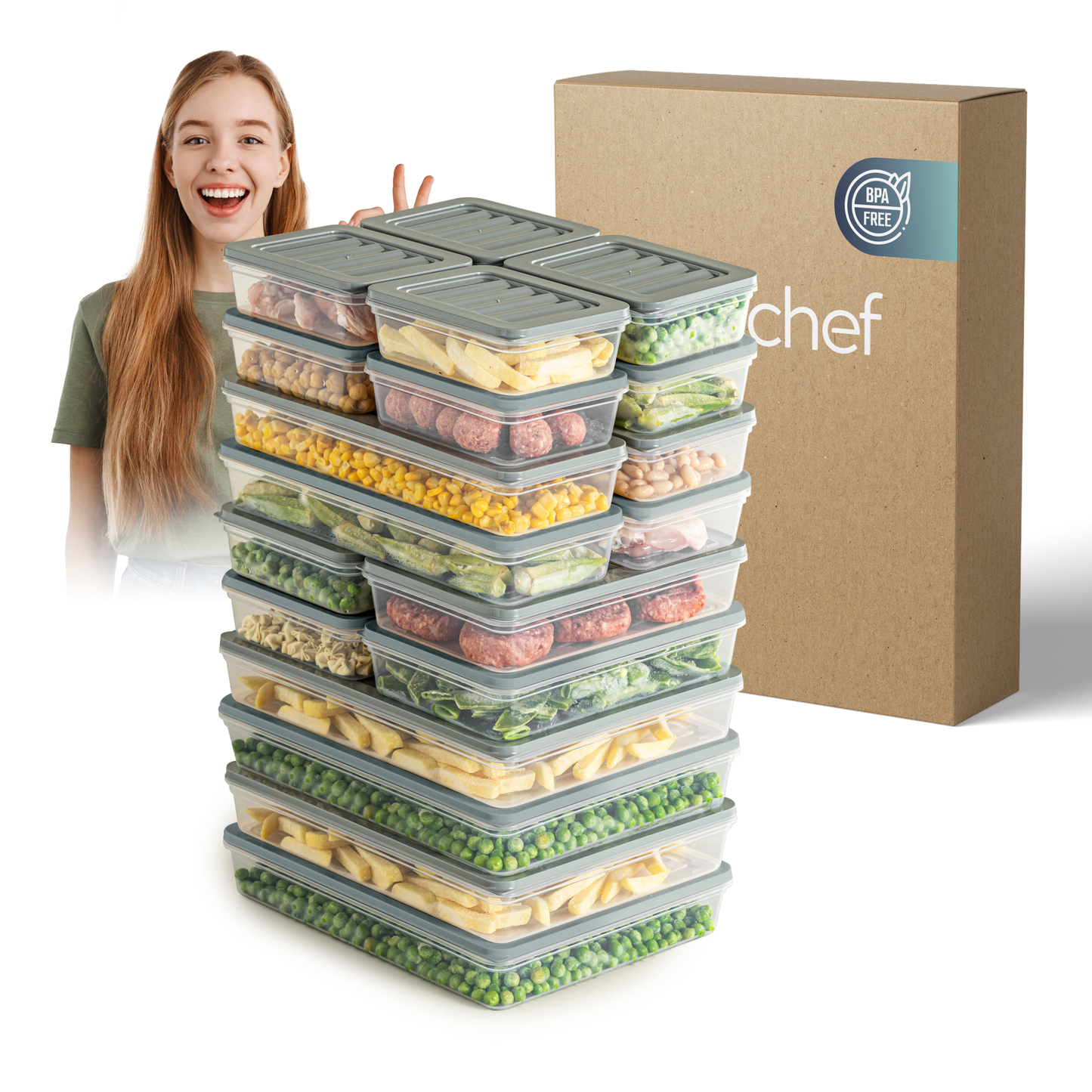 Fresh Box 20 Piece Food Storage Container Set (8×600ml, 4×1170ml, 4×1200ml, 4×2400ml) Grey or Beige Lids