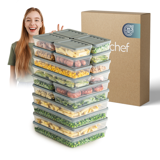 Fresh Box 20 Piece Food Storage Container Set (8×600ml, 4×1170ml, 4×1200ml, 4×2400ml) Grey or Beige Lids