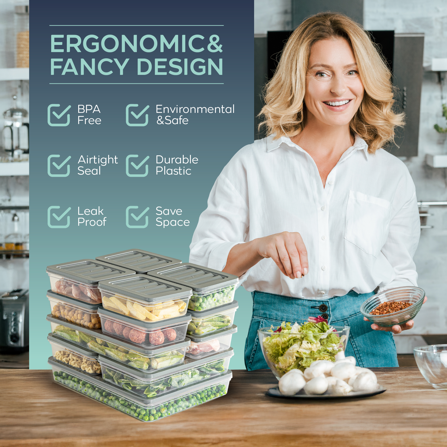 Fresh Box 20 Piece Food Storage Container Set (8×600ml, 4×1170ml, 4×1200ml, 4×2400ml) Grey or Beige Lids