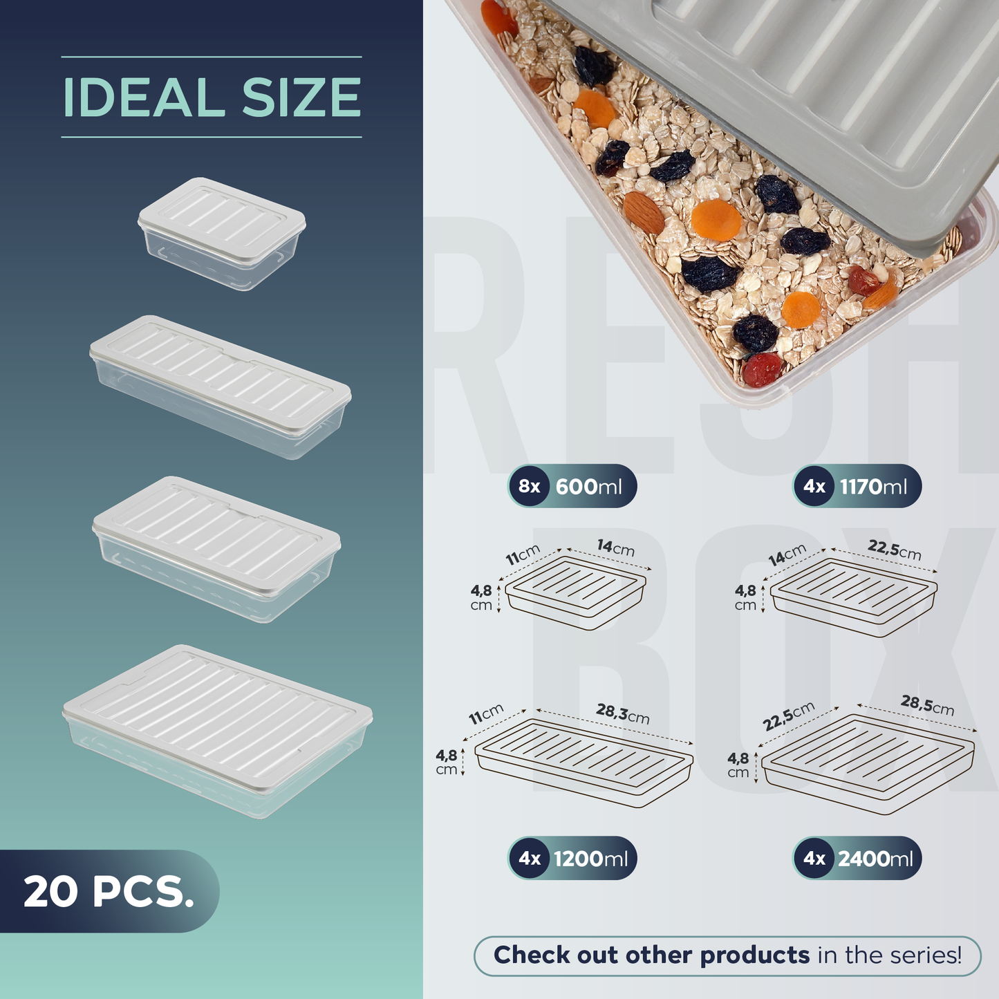 Fresh Box 20 Piece Food Storage Container Set (8×600ml, 4×1170ml, 4×1200ml, 4×2400ml) Grey or Beige Lids