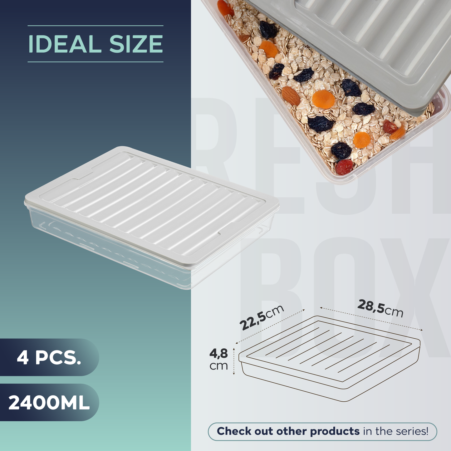 Fresh Box 4 Piece Food Storage Container Set (4×2400ml) Grey or Beige Lids