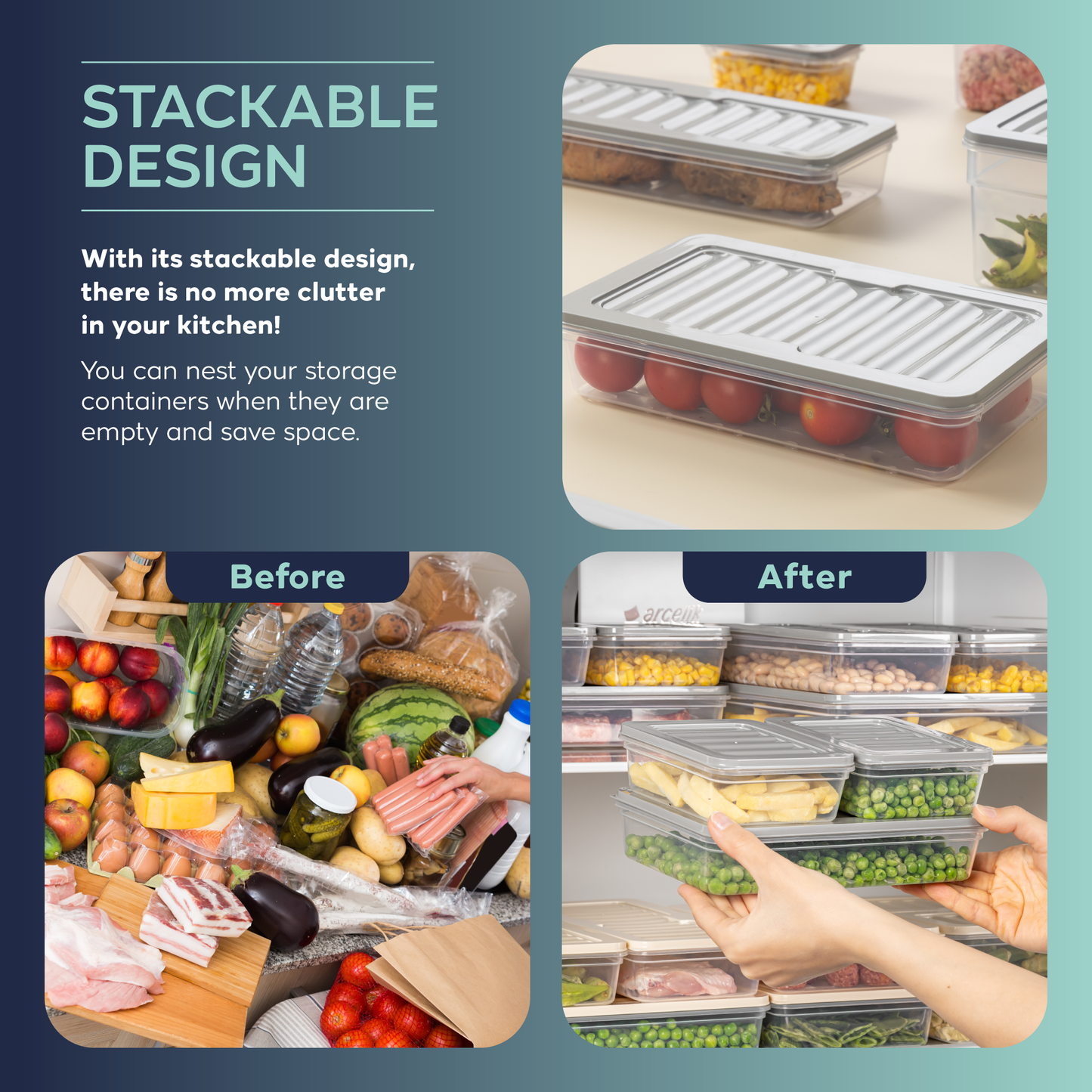 Fresh Box 4 Piece Food Storage Container Set (4×2400ml) Grey or Beige Lids