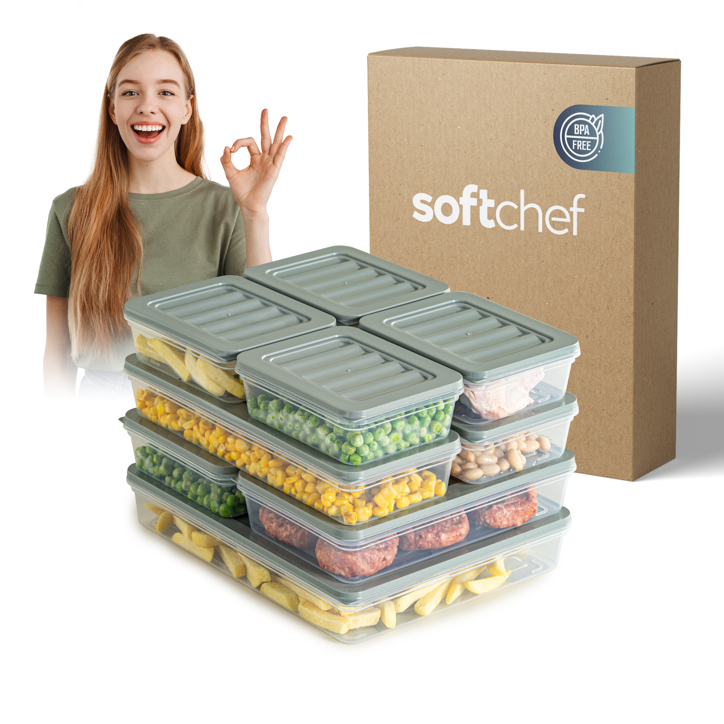 Fresh Box 9-delige voedselcontainerset (4×600ml, 2×1170ml, 2×1200ml, 1×2400ml) met grijze of beige deksels 